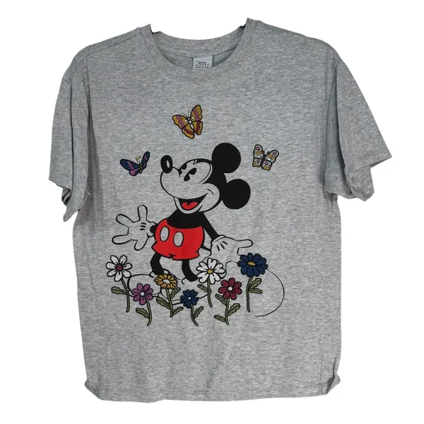 Disney Mickey Mouse Graphic Tee Grey Embroidered‎ Flowers Butterflies Women's XS - Image 9