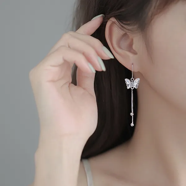 925 Silver Plated Tassel Crystal Butterfly Dangle Drop Earrings for Women - Image 4