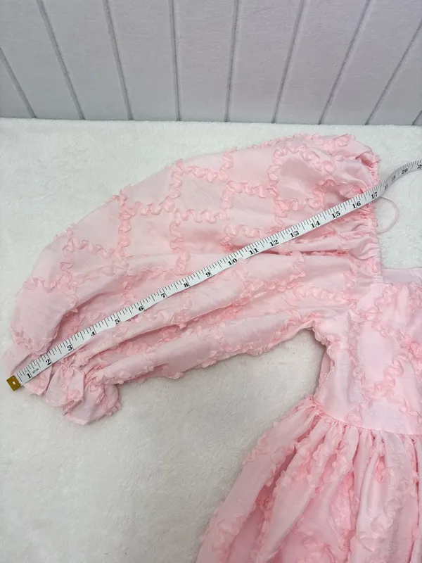 Mable Ribbon Textured Puff Sleeve Babydoll Mini Dress In Baby Pink‎ Size M - Image 11