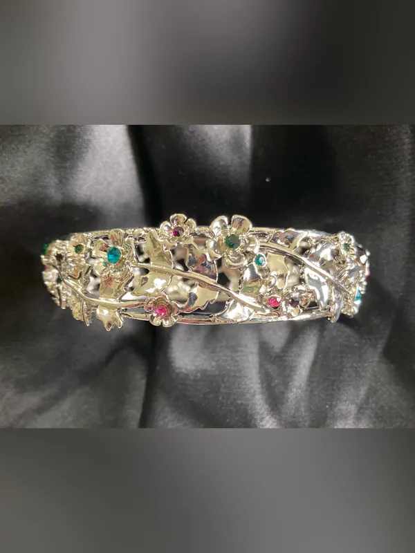Silver Floral Bangle Bracelet w/ Pink, Green and Teal Crystal Accents - Image 7