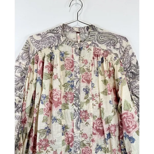 Free People Womens Beige Maraya Floral Paisley Puff Sleeve Blouse Boho Small - Image 8