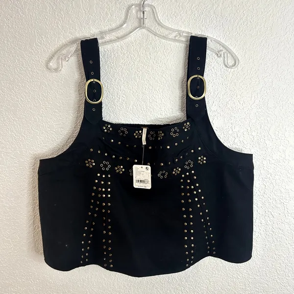 Free People Ricki Studded Top In Midnight Combo Womens Size Large Black NWT NEW - Image 2