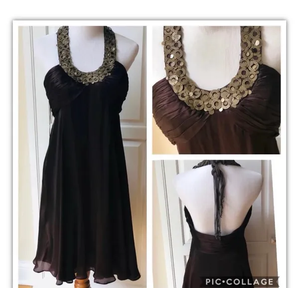 Anne Klein Brown Silk Gold Ring Necklace Halter Dress 10 Marilyn Monroe Flare - Image 2
