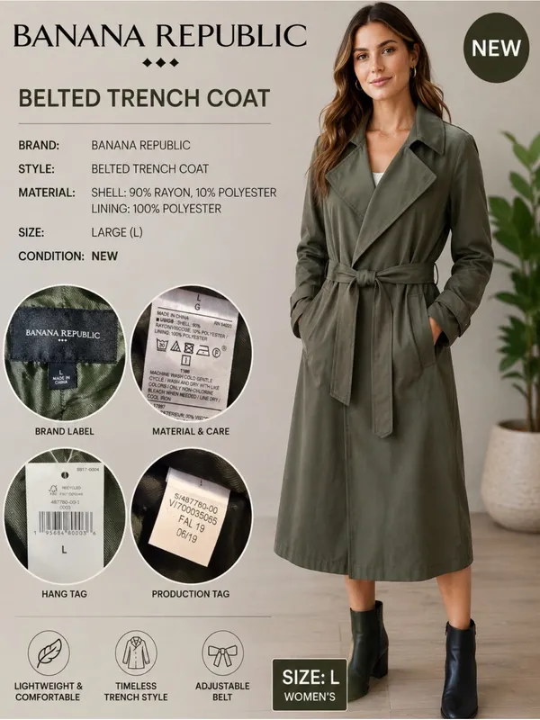 New BANANA REPUBLIC Trench Coat Olive Green Length 38 inches Size L Large Tie - Image 2