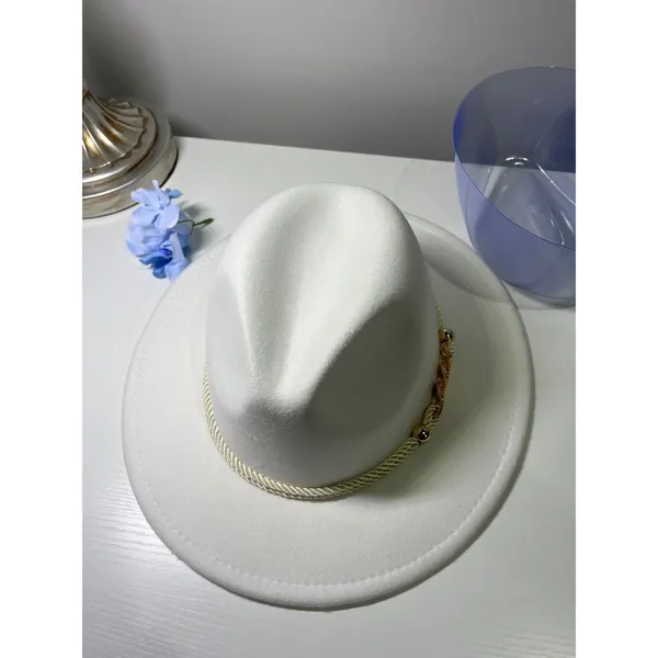 White Wide Brim Fedora Hat Rose Gold Chain Link Rope‎ Band Cotton Blend - Image 2