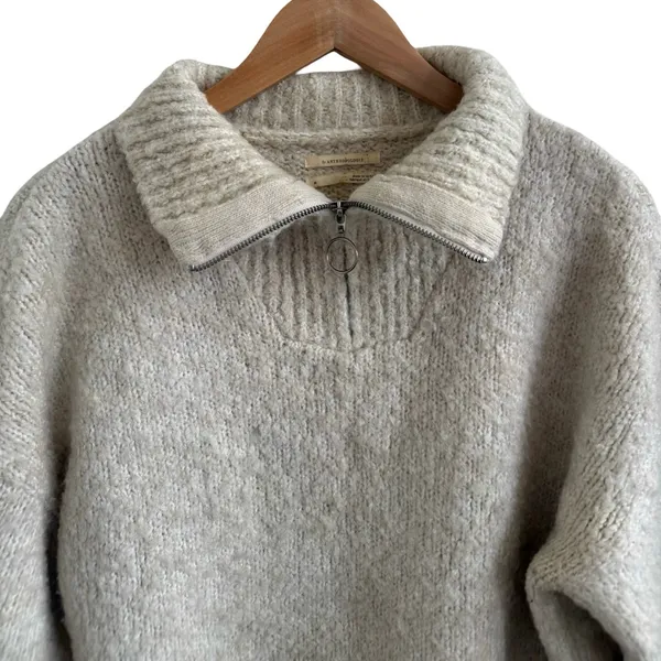 Anthropologie by Anthropologie Quarter Zip Collar Sweater Wool Blend Cream Tan M - Image 3