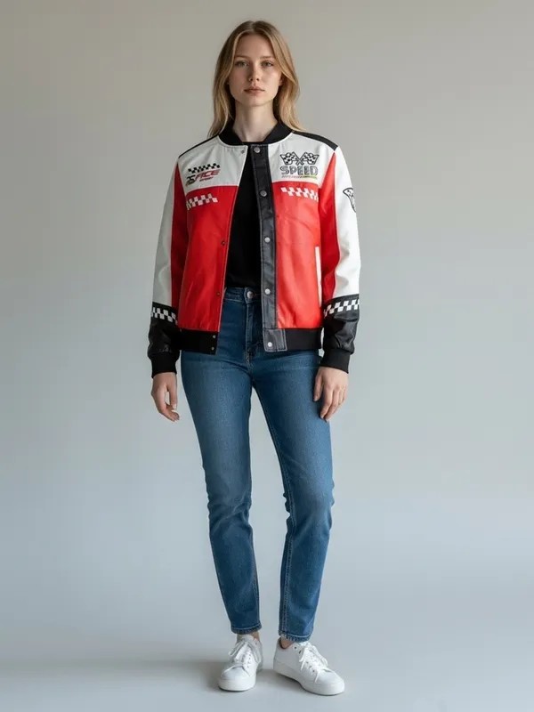 Red and White Racing Bomber Jacket with Checkered Details - Image 2
