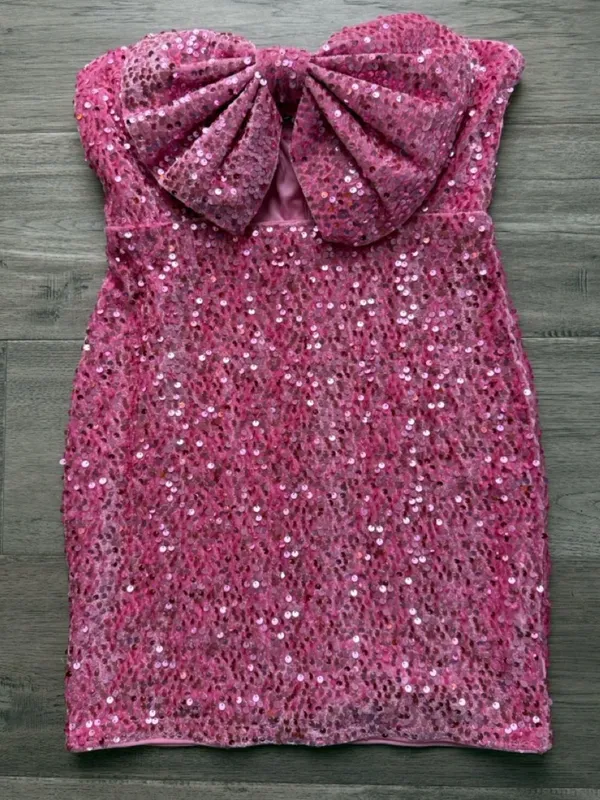 Faeriesty Pink Sequined Strapless Mini Dress Bow Peekaboo - Image 2