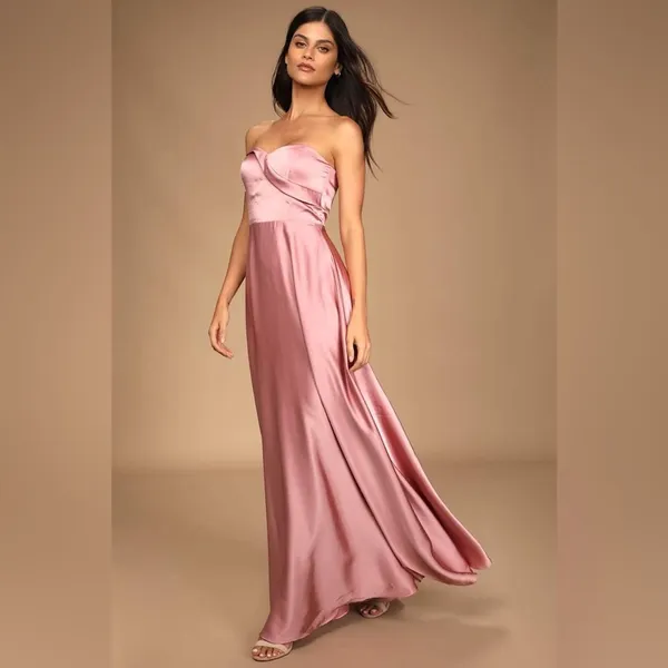 Lulus Maxi Dress Real Romantic Light Rose Pink Satin Strapless Flowy Size S - Image 16