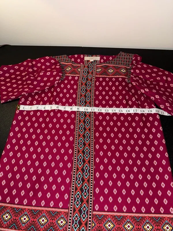 LOFT Women Magenta Red Geometric Print Boho Shift Dress Size Small - Image 4