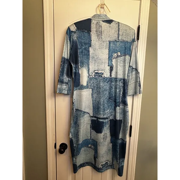 Women’s 2XL Blue Denim Patchwork Print Quarter Zip Midi Dress 3/4 Sleeves Casual - Image 11