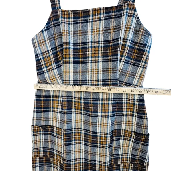 American Eagle Plaid Pinafore Dress Made‎ in Italy Brown Navy Sz M Pockets Mini - Image 6