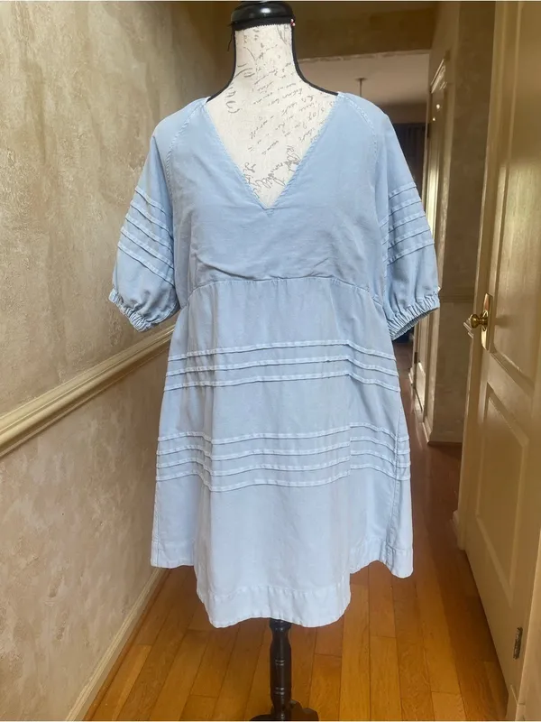 7 For All Mankind Light Blue Cotton V-Neck Puff Sleeve Relaxed Mini Dress XL - Image 3
