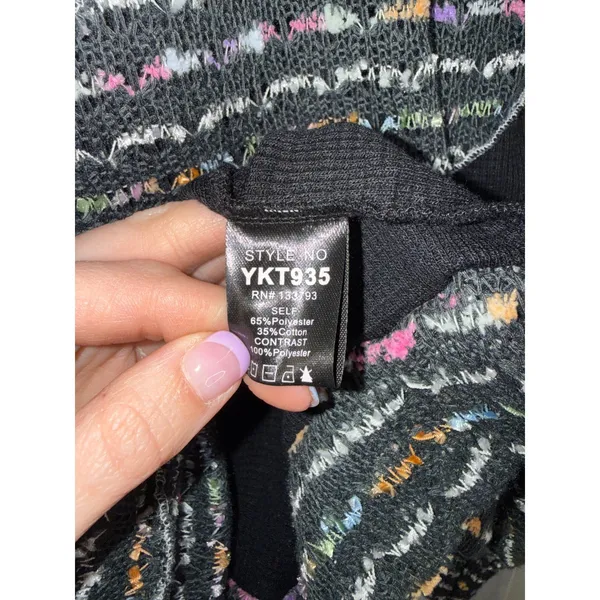 POL Waffle Knit Hoodie Womens Large Black Multi Patchwork Excellent YKT935 Boho‎ - Image 4