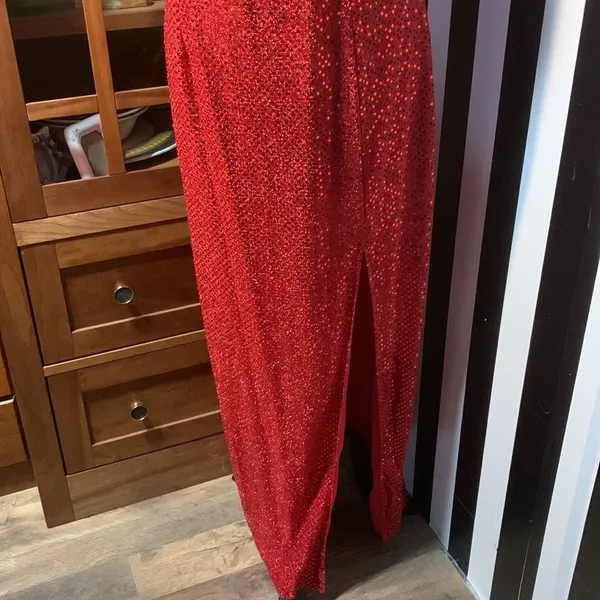 Sexy Retro Vintage 90s Red Sequin Floor Length Formal Gown Halter Neck Leg Slit - Image 3