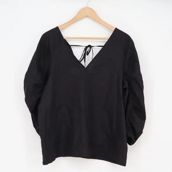 LOFT Blouse Women's L Black Puff Ruched Sleeve Tie Back New - Image 2