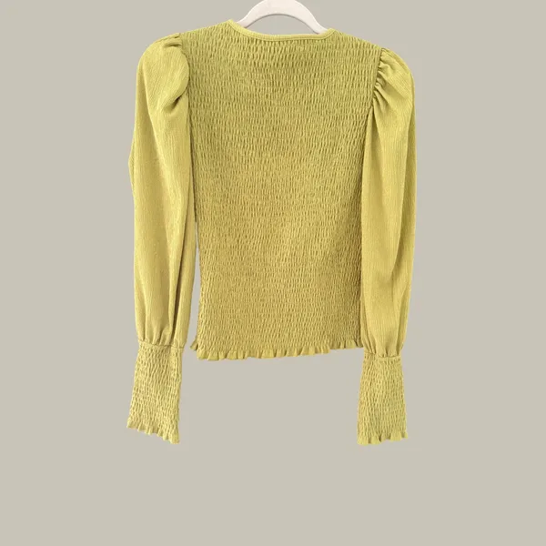 By Anthropologie Smocked Puff Sleeve Top Chartreuse Green Long Sleeve Small - Image 2