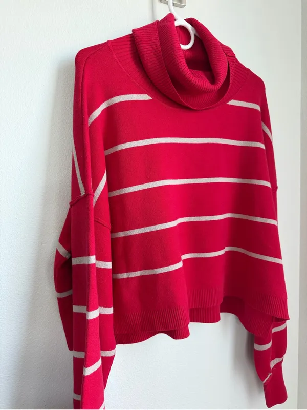 Free People Red & Cream Striped Turtleneck Sweater - Image 2
