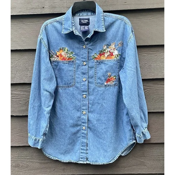 Vintage Cottagecore Autumn Embroidered Denim Shirt Harvest Teacher Western 90s M - Image 2