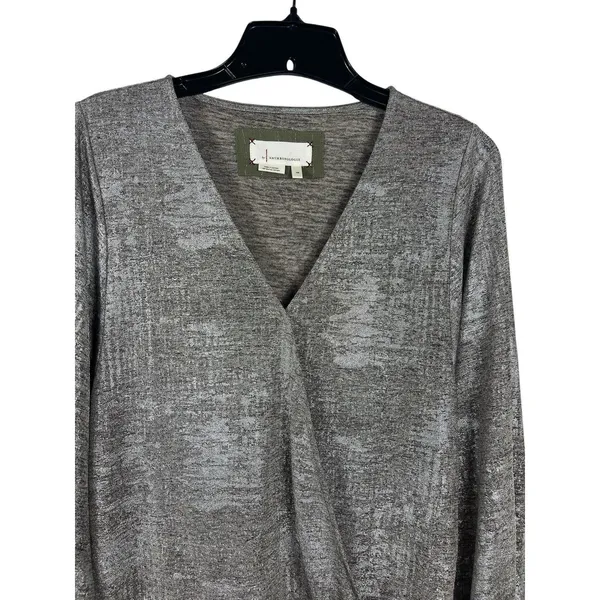 Anthropologie Silver Metallic Faux Wrap Blouse Long Sleeve Shimmer Top XS Party - Image 2
