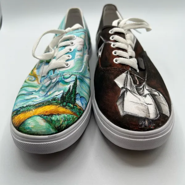 Vans Mens 6.5 Womens 8 Shoes Sneakers‎ Blue Black Art Scenes Customized Skater - Image 3