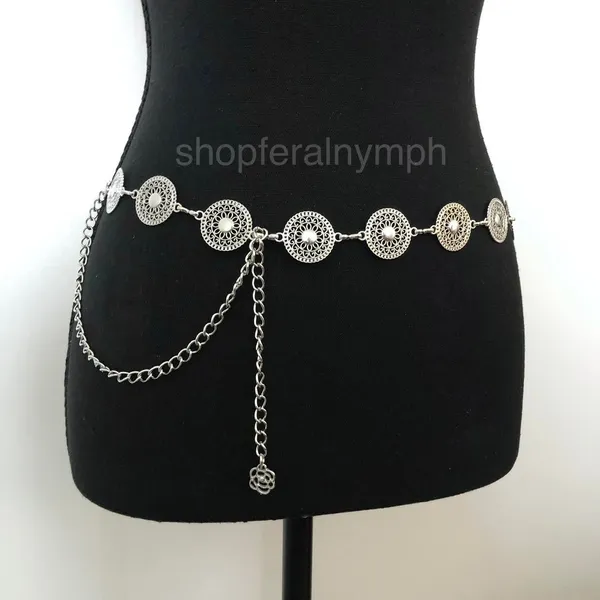 Vintage Y2K Boho Silver Mandala Circle Chain Belt, Fits 26.5–46 Inches, X7GA1166 - Image 2