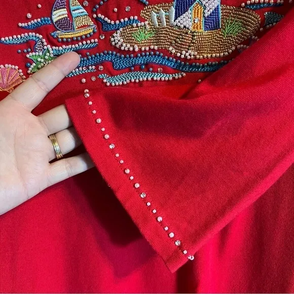 Quacker Factory Red Beaded Embroidered Lighthouse Nautical Themed Top Size Large‎ - Image 7