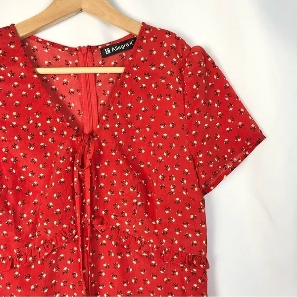 Allegra K Cherry Red Floral‎ Ruffle Trim Short Sleeve Mini Dress S - Image 4