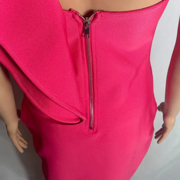 Hot Pink One Shoulder Ruffle Midi Bodycon Dress Size M Slit Back Zip - Image 5