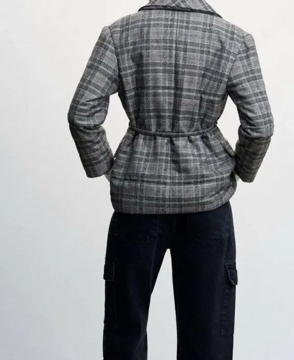 Mango Grey Checked Structured Quilted Jacket - Size M-L - Image 5
