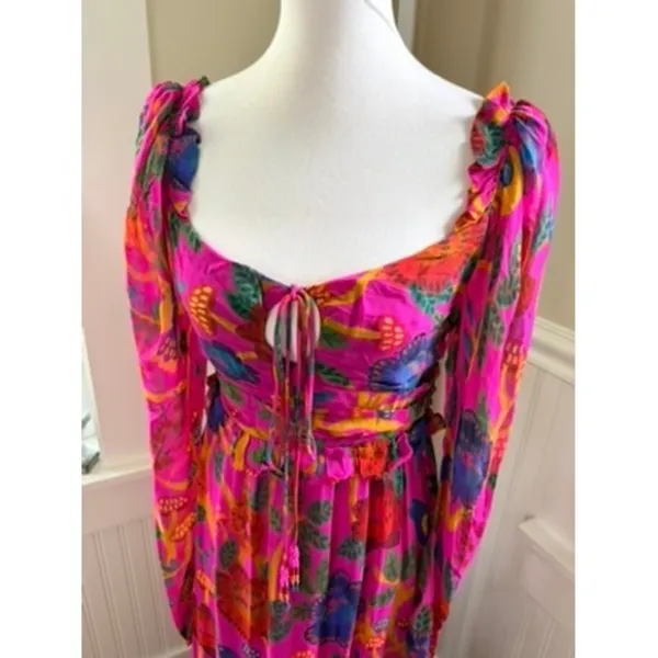 Farm Rio Sweet Forest Tiered Maxi Dress in Vibrant Pink Tropical Print Small - Image 12