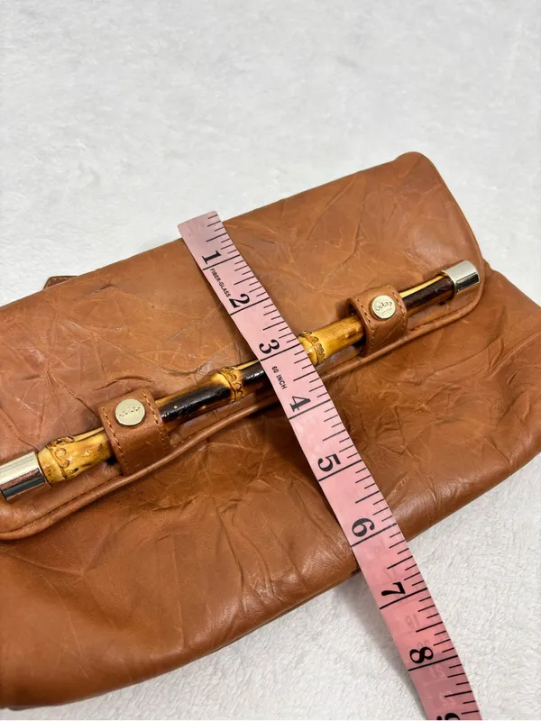 Elaine Turner Tan Brown Leather Clutch with Bamboo Accent - Image 9