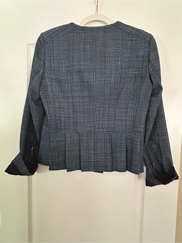 White House Black Market Peplum Pleated Hem Jacket Blue Crosshatch - Image 6