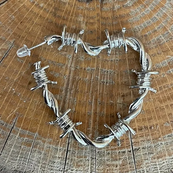 Barbed Wire Heart Hoop Earrings Silver - Image 2