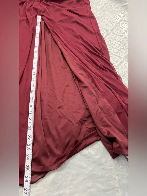 Azazie Burgundy Ruffle Wrap Maxi Dress with Side Slit - Image 10