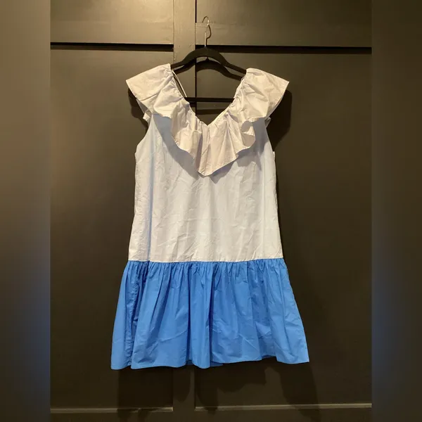 ENGLISH FACTORY colorblock Ruffled sleeveless blue Shift mini Dress size M - Image 2