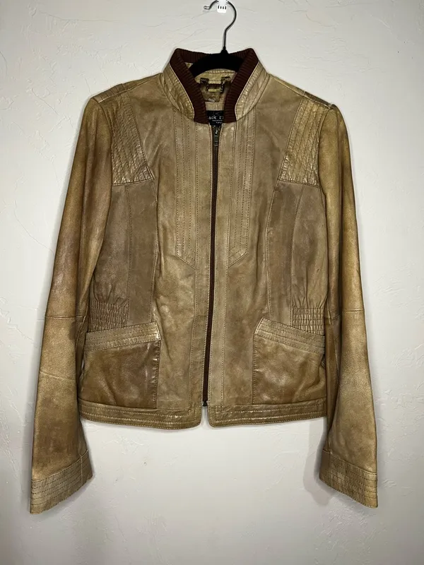 Black Rivet Woman’s Vintage Tan‎ Leather Elbow Patches Zipper Wrists Jacket - Image 2