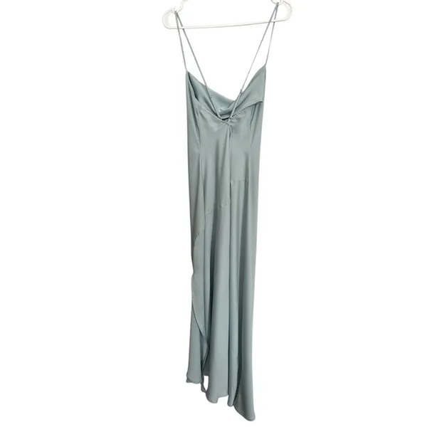 ASTR The Label Light Blue Satin‎ Cowl Neck Midi Slip Dress L Cross Back Slit - Image 4