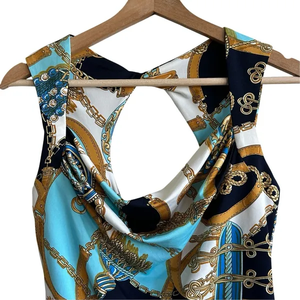 Cache VTG Y2K Top Sz S Draped Neck Sleeveless Equestrian Print Cut Out Back - Image 4