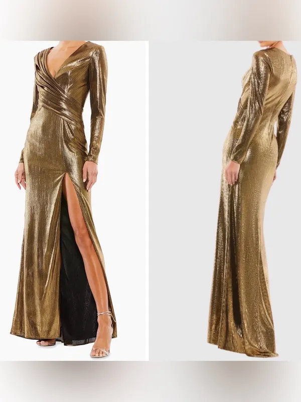 Mac Duggal Metallic Long-Sleeve Asymmetrical Ruched Gown IEENA Collection, 0 - Image 2