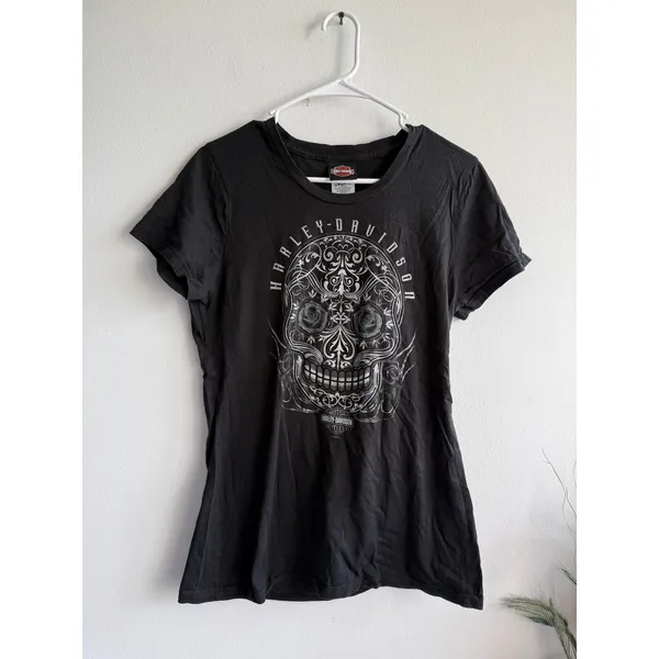 Harley-Davidson Women Black Sugar Skull Graphic Tee Garden State NJ Size L - Image 2