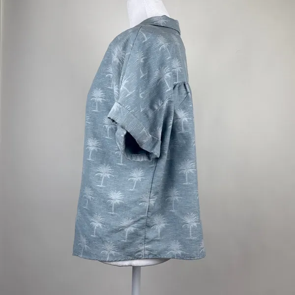 Zara Blue Palm Tree Print Button Down Short Sleeve Collared Blouse Shirt Top M - Image 6