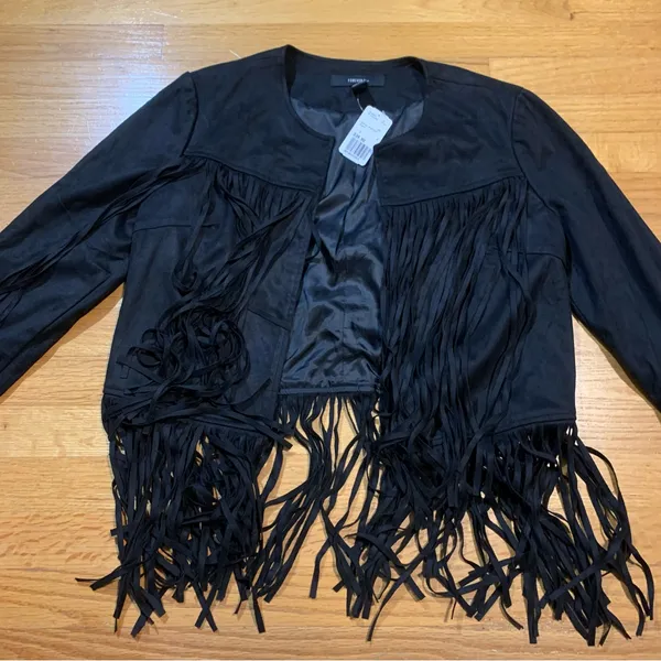 Forever 21 Boho Western Wear Hippie Fringe Cropped Jacket Black Women's Large - Image 2