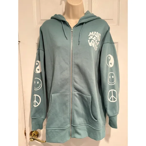 Forever 21 More Self Love Zip Hoodie Women's S Teal Green Fleece Oversized Cozy‎ - Image 2