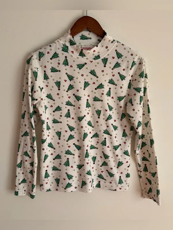 Vintage 90s Holiday Time Christmas Tree Mock Neck Top Long Sleeve Small S - Image 6