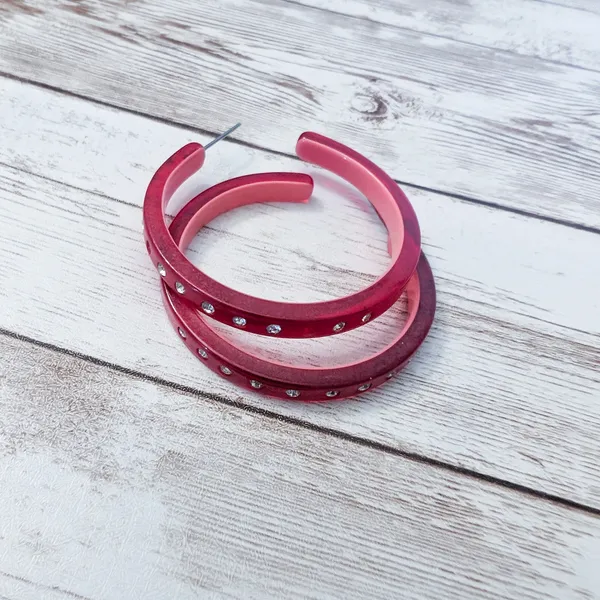 Large Red Hoops Stud Earrings For Pierced Ears - 1 & 7/8" - Missing Gems - Image 4