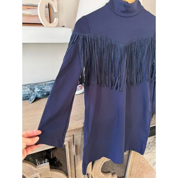 Tuckernuck Dress Women Navy‎ Blue Cowgirl Suede Fringe Long Sleeve Size XSmall - Image 2
