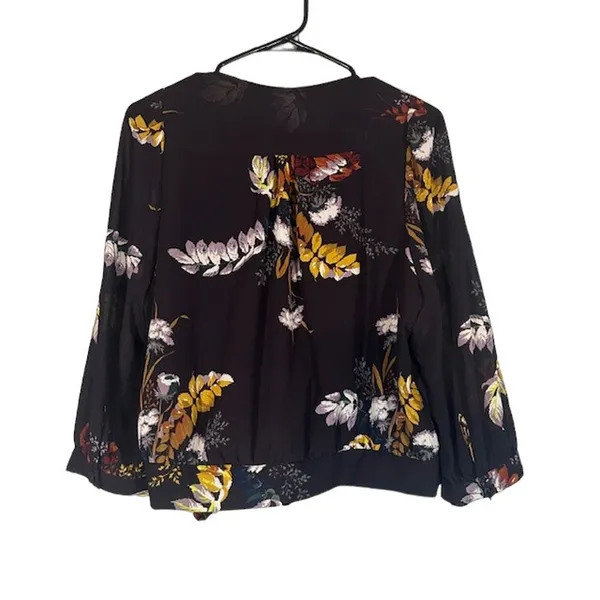 Madewell Black Floral Wrap Style V-Neck Long Sleeve Tie Waist Blouse Women Sz L - Image 2