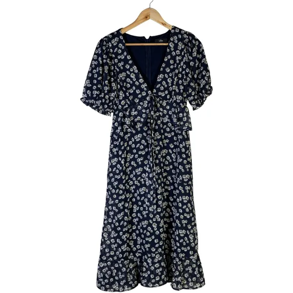 Lulus Anything Lovelier Navy Blue Floral Print Tiered Midi Dress Coastal Size S - Image 2