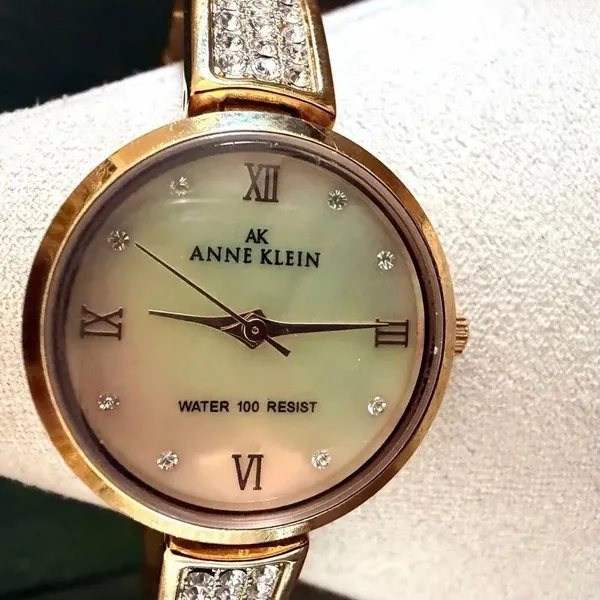 Anne Klein AK Gold Tone Watch Mother of Pearl Dial Crystal Accents Water Resist - Image 6
